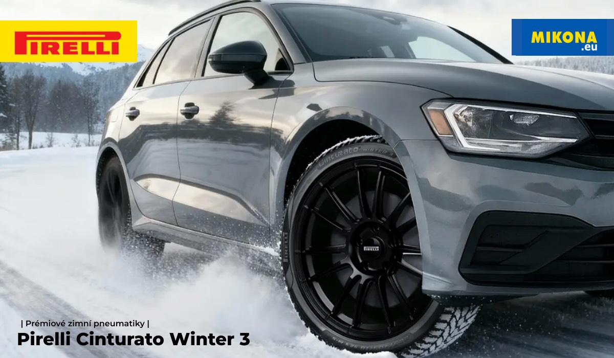 Pirelli Cinturato Winter 3 nasazená na voze – detail zimního dezénu při jízdě ve sněhu.